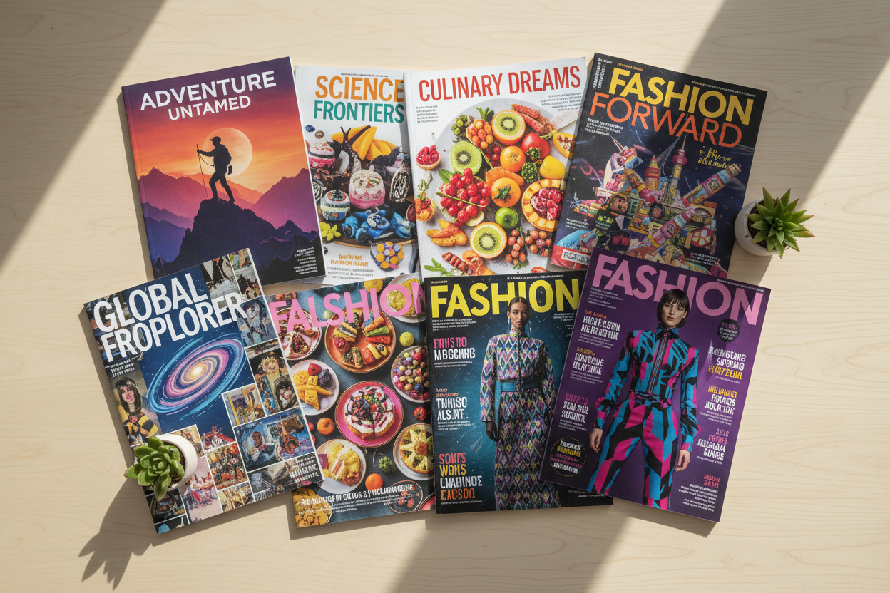 Magazines spread out on a table